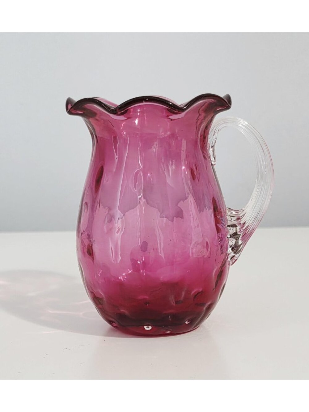 Vintage Pilgrim Cranberry Glass Mini Pitcher / Bud Vase with Ruffled Rim